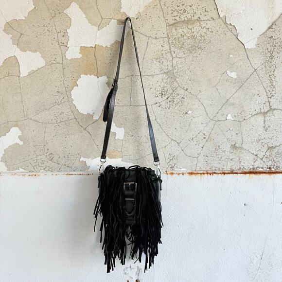Vtg Fringe Leather Crossbody Bag Y2K Joseph B Black Boho Festival Suede Purse - Picture 2 of 13